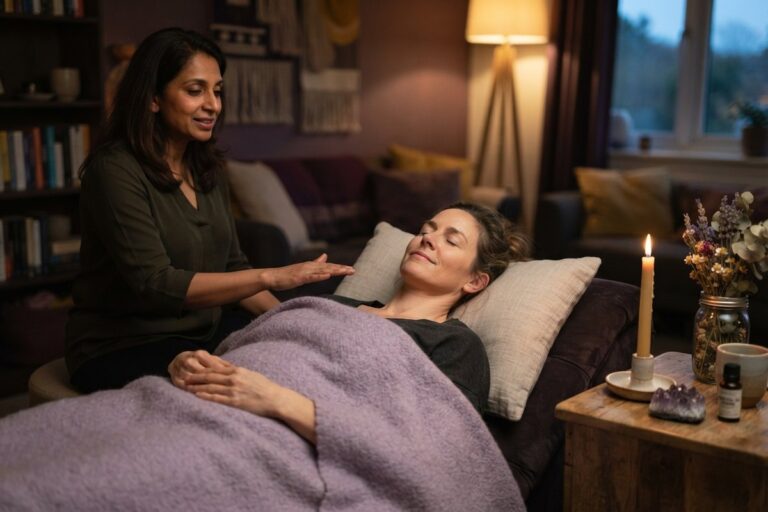 Séance d’hypnose : une femme détendue, les yeux fermés, accompagnée par la praticienne