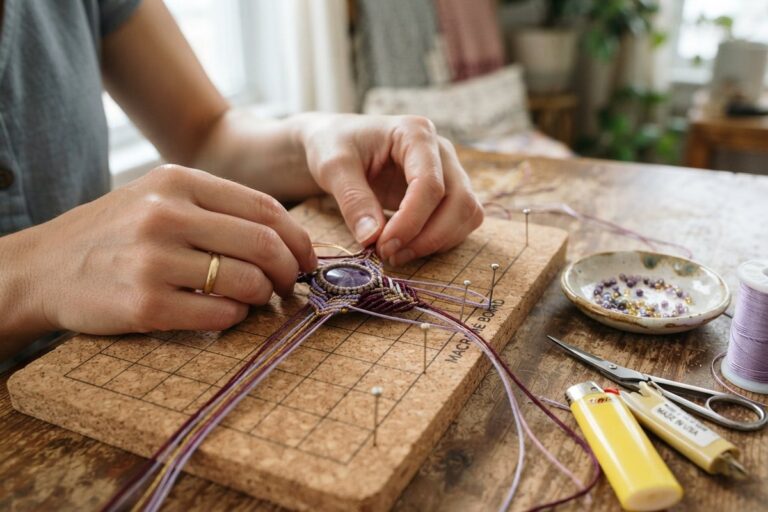 Mains nouant un bracelet en micro-macramé autour d’une améthyste, sur une planche en liège